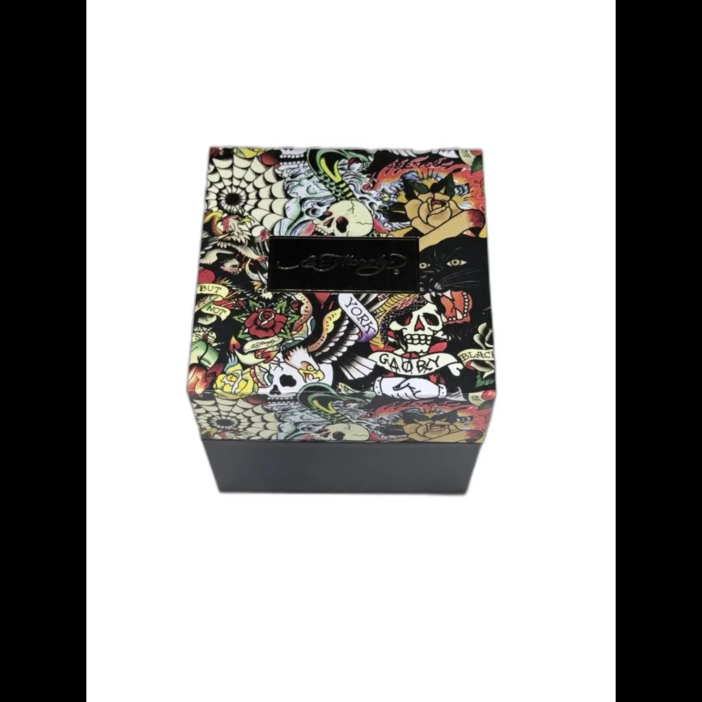 Ed Hardy Quartz Analog Watch Skull Dial Black Studded Leather Strap NEW IN BOX